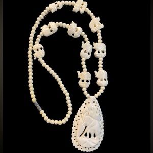 Vintage Carved Bone Pendant Off White Beaded Necklace Elephant Design Good Luck